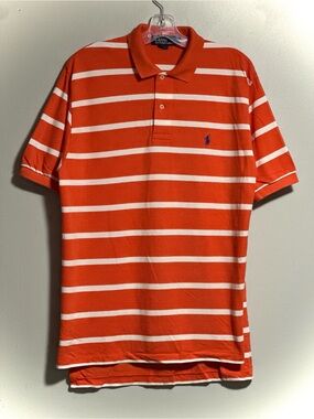 Vintage Ralph Lauren Orange & White Horizontal Stripe Polo with Blue Pony